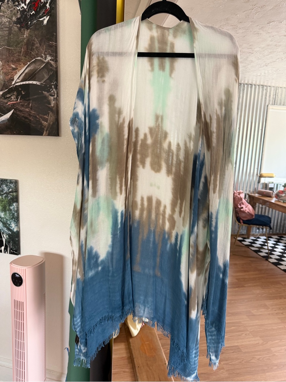 Lightweight Tie-Dye Shawl Wrap in Blue, Cream & Brown